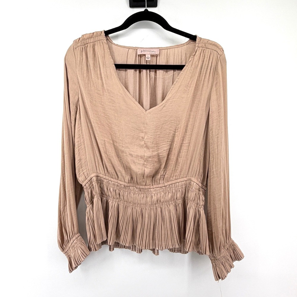 Philosophy Peplum Blouse Pleated Smocked Large Tan Women V-Neck Long Sleeve Boho